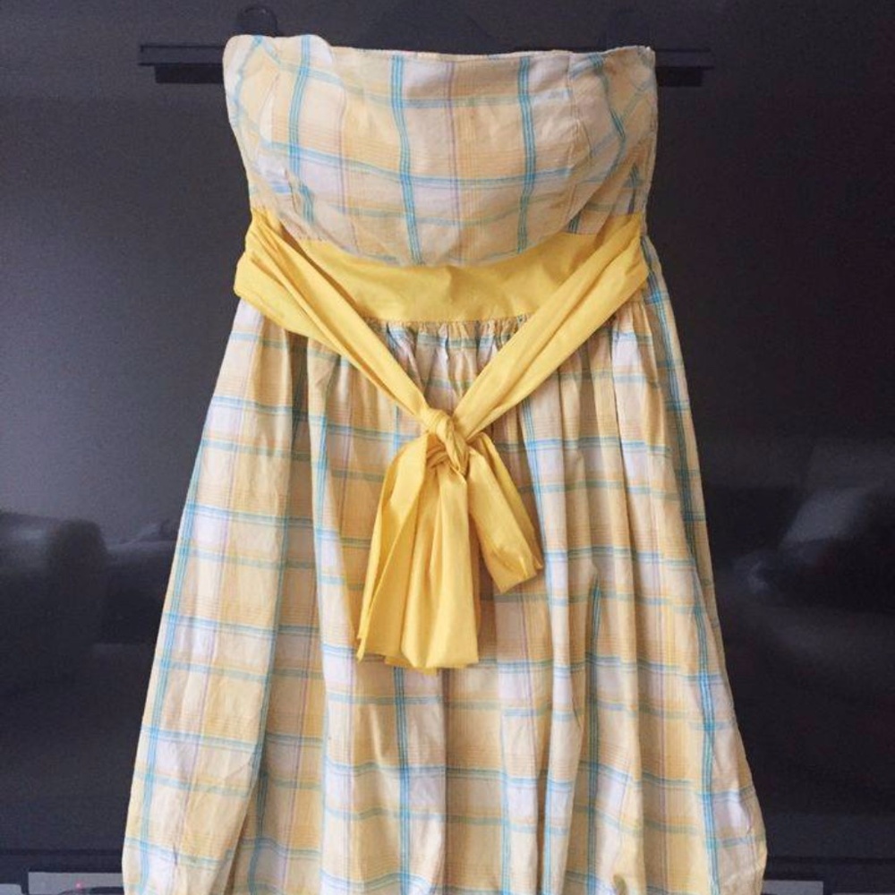 Yellow Blue Plaid Bow Tube Top Sleeveless Dress